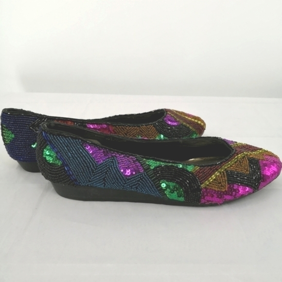 Beverly Feldman Vintage Women's 7.5AA Vintage Shiny Sequin Retro Theme Flats - Picture 4 of 9